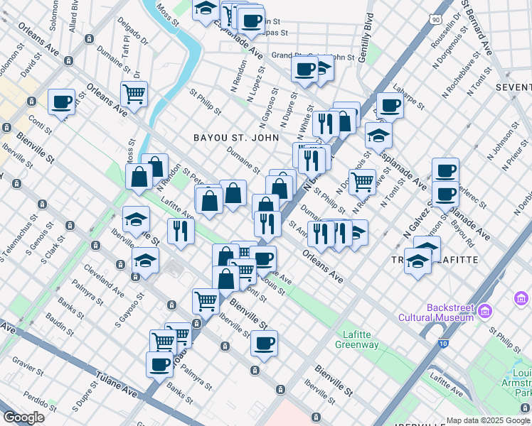map of restaurants, bars, coffee shops, grocery stores, and more near 2751 Orleans Avenue in New Orleans
