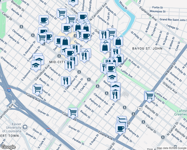 map of restaurants, bars, coffee shops, grocery stores, and more near 132 North Clark Street in New Orleans
