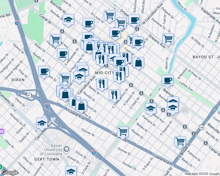 map of restaurants, bars, coffee shops, grocery stores, and more near in New Orleans