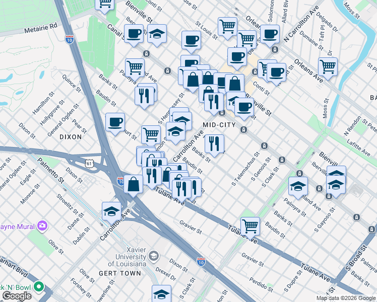 map of restaurants, bars, coffee shops, grocery stores, and more near in New Orleans