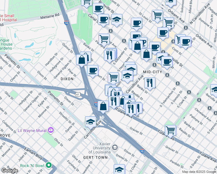 map of restaurants, bars, coffee shops, grocery stores, and more near 4210 D Hemecourt Street in New Orleans
