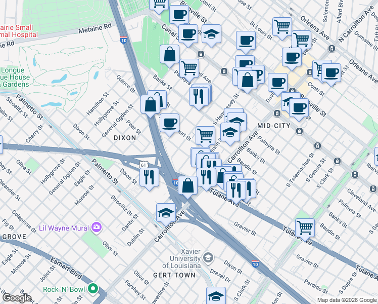 map of restaurants, bars, coffee shops, grocery stores, and more near 4313 Ulloa Street in New Orleans