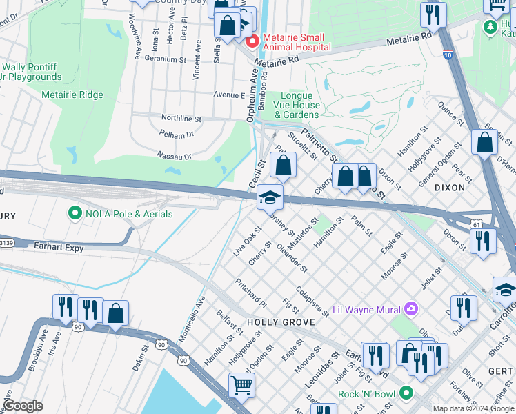 map of restaurants, bars, coffee shops, grocery stores, and more near 9413 Forshey Street in New Orleans