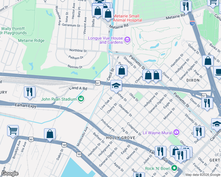 map of restaurants, bars, coffee shops, grocery stores, and more near 9413 Forshey Street in New Orleans