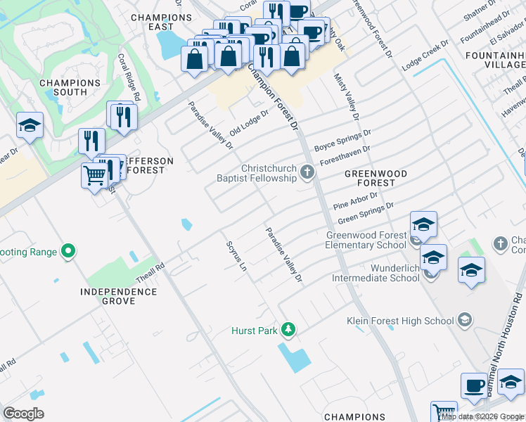 map of restaurants, bars, coffee shops, grocery stores, and more near 5911 Theall Road in Houston