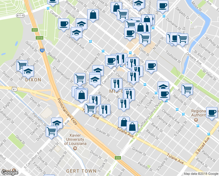 map of restaurants, bars, coffee shops, grocery stores, and more near 4013 Banks Street in New Orleans
