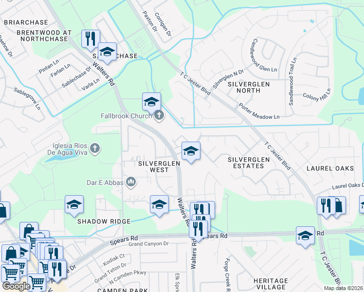 map of restaurants, bars, coffee shops, grocery stores, and more near 2827 Silver Tree in Houston