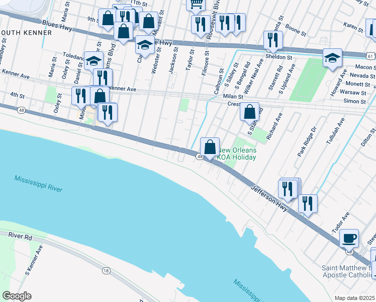 map of restaurants, bars, coffee shops, grocery stores, and more near 312 Filmore Street in Kenner