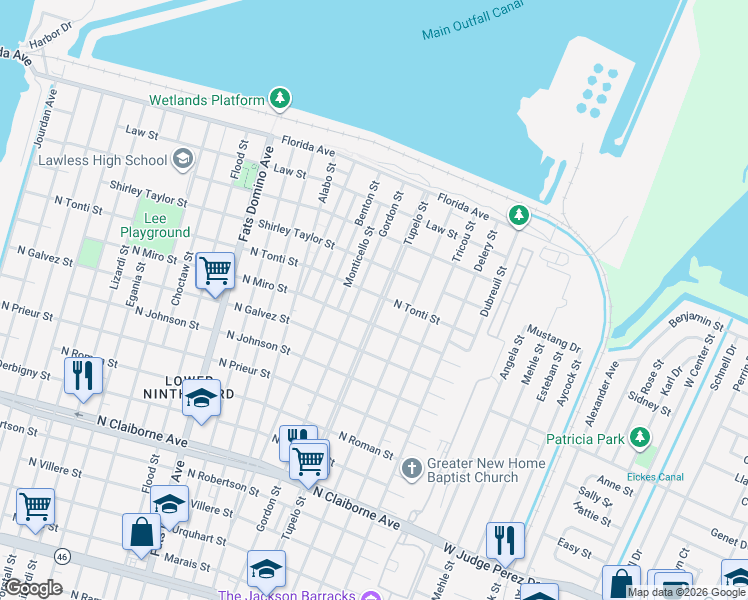 map of restaurants, bars, coffee shops, grocery stores, and more near 2242 Tupelo Street in New Orleans