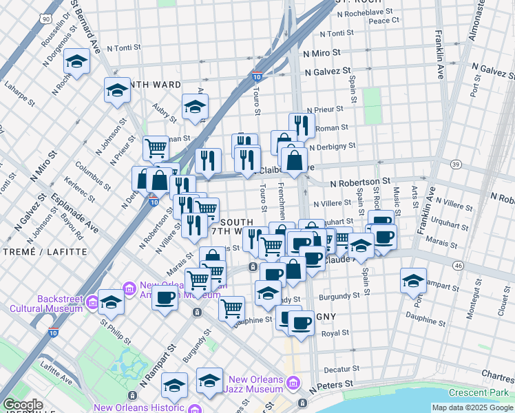 map of restaurants, bars, coffee shops, grocery stores, and more near 1933 North Villere Street in New Orleans