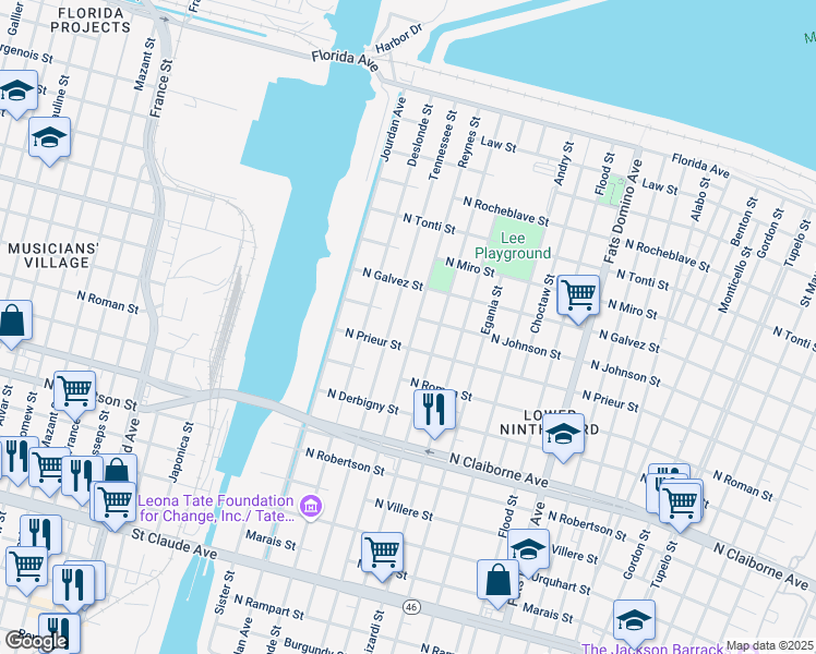 map of restaurants, bars, coffee shops, grocery stores, and more near 1932 Reynes Street in New Orleans