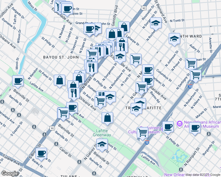 map of restaurants, bars, coffee shops, grocery stores, and more near 1010 North Rocheblave Street in New Orleans