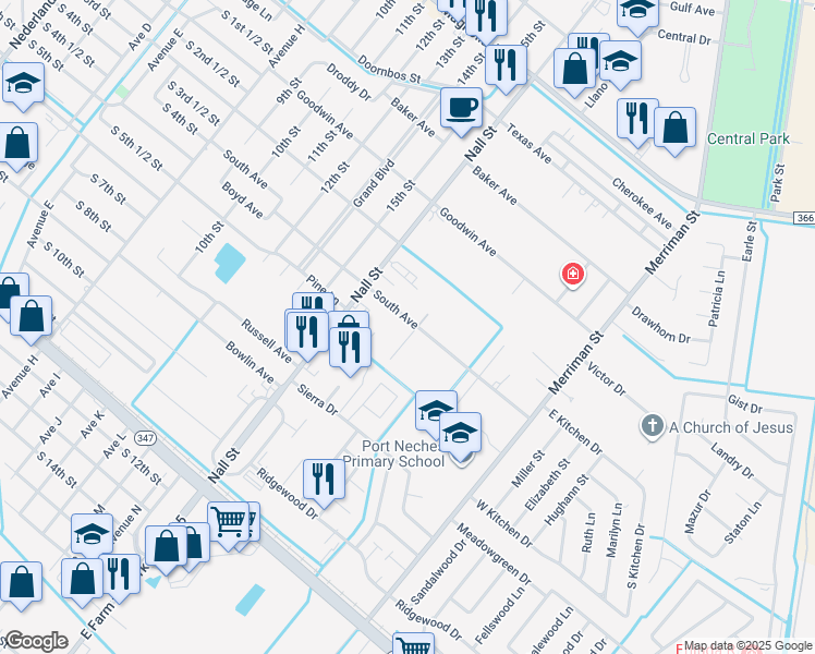 map of restaurants, bars, coffee shops, grocery stores, and more near 2702 McBride Drive in Port Neches