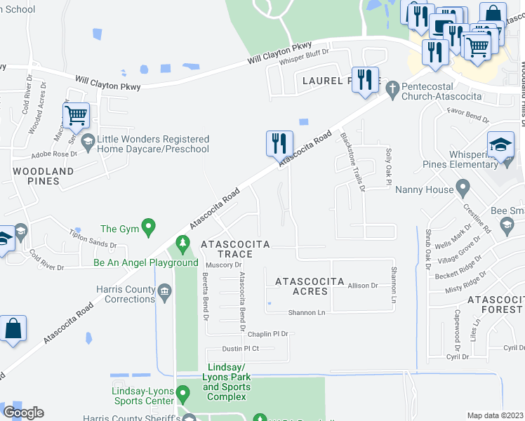 map of restaurants, bars, coffee shops, grocery stores, and more near 17406 Wigeon Way Drive in Humble