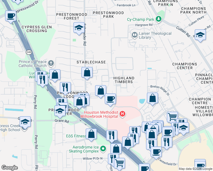 map of restaurants, bars, coffee shops, grocery stores, and more near 23 Arbor Bend Drive in Houston