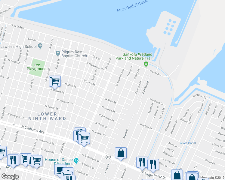 map of restaurants, bars, coffee shops, grocery stores, and more near 2304 Saint Maurice Avenue in New Orleans