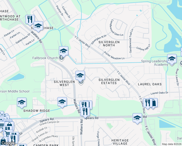 map of restaurants, bars, coffee shops, grocery stores, and more near 12410 Silverfield Lane in Houston