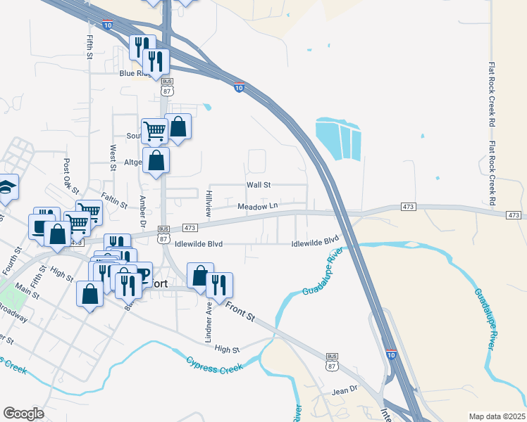 map of restaurants, bars, coffee shops, grocery stores, and more near 307 Meadow Lane in Comfort