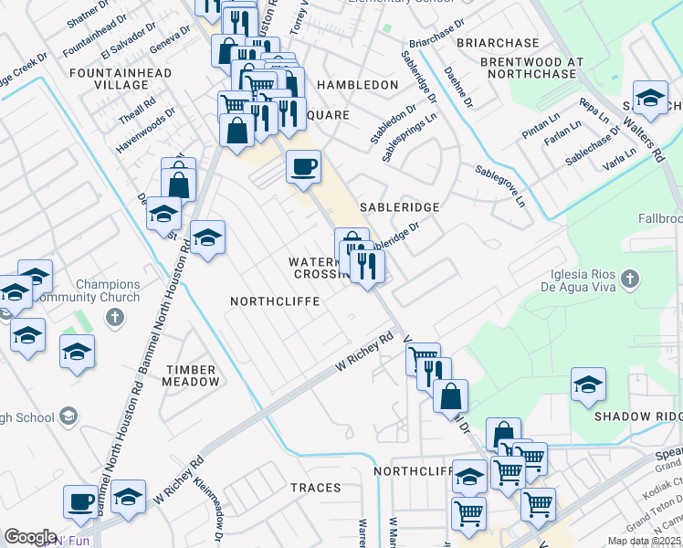 map of restaurants, bars, coffee shops, grocery stores, and more near 12971 Blackpool Place in Houston