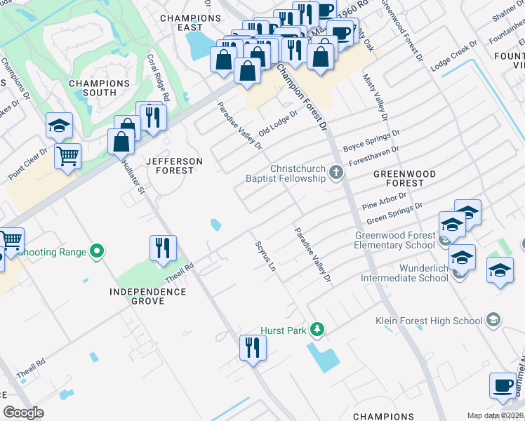 map of restaurants, bars, coffee shops, grocery stores, and more near 5931 Foresthaven Drive in Houston