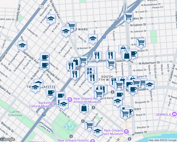 map of restaurants, bars, coffee shops, grocery stores, and more near 1415 Saint Bernard Avenue in New Orleans