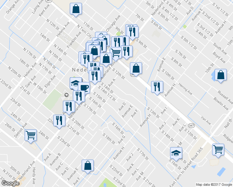 map of restaurants, bars, coffee shops, grocery stores, and more near 313 South 14th Street in Nederland