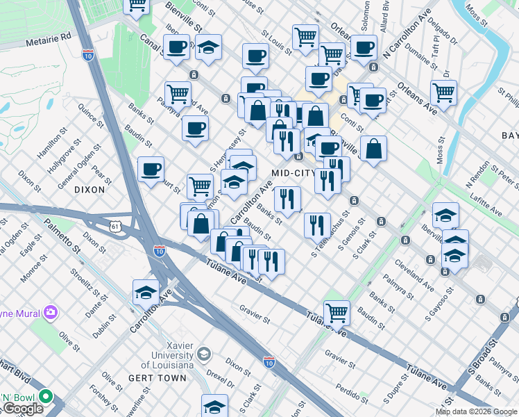 map of restaurants, bars, coffee shops, grocery stores, and more near 4013 Banks Street in New Orleans