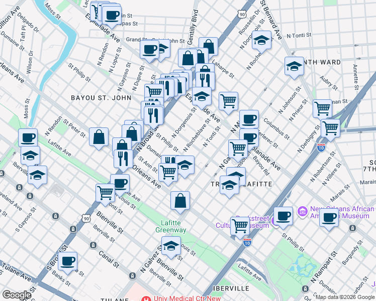 map of restaurants, bars, coffee shops, grocery stores, and more near 1010 North Rocheblave Street in New Orleans