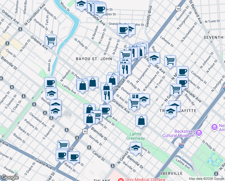 map of restaurants, bars, coffee shops, grocery stores, and more near 801 North Broad Street in New Orleans