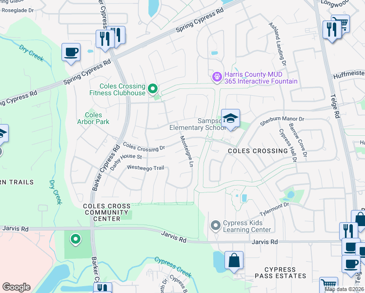 map of restaurants, bars, coffee shops, grocery stores, and more near 16302 Madewood Street in Cypress