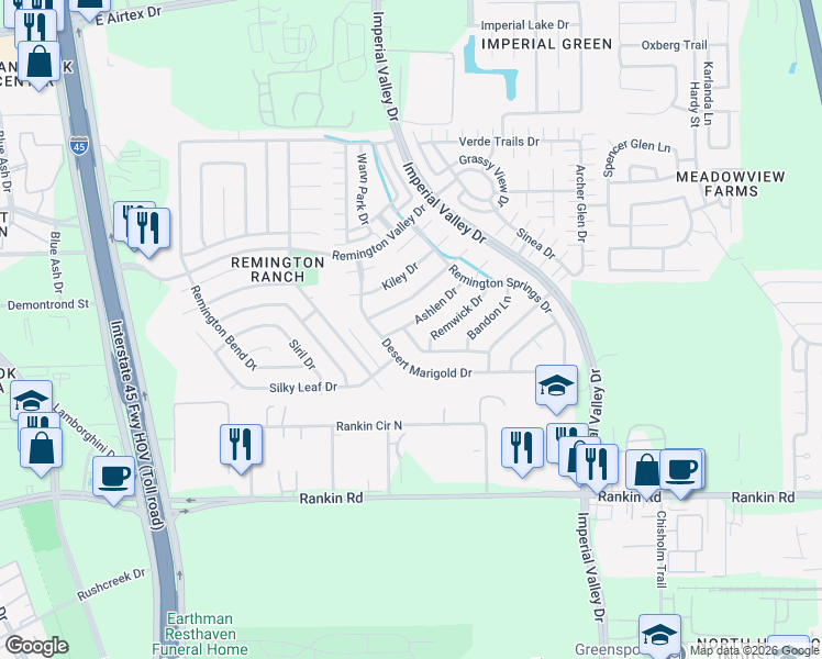 map of restaurants, bars, coffee shops, grocery stores, and more near 18814 Prairie Larkspur Drive in Houston