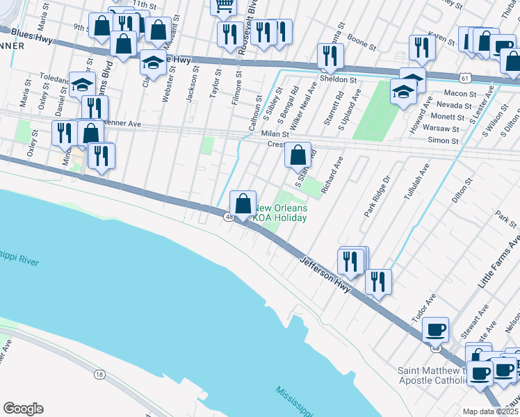 map of restaurants, bars, coffee shops, grocery stores, and more near 2505 Bengal Road in River Ridge
