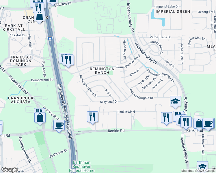 map of restaurants, bars, coffee shops, grocery stores, and more near 19043 Remington Mill Drive in Houston