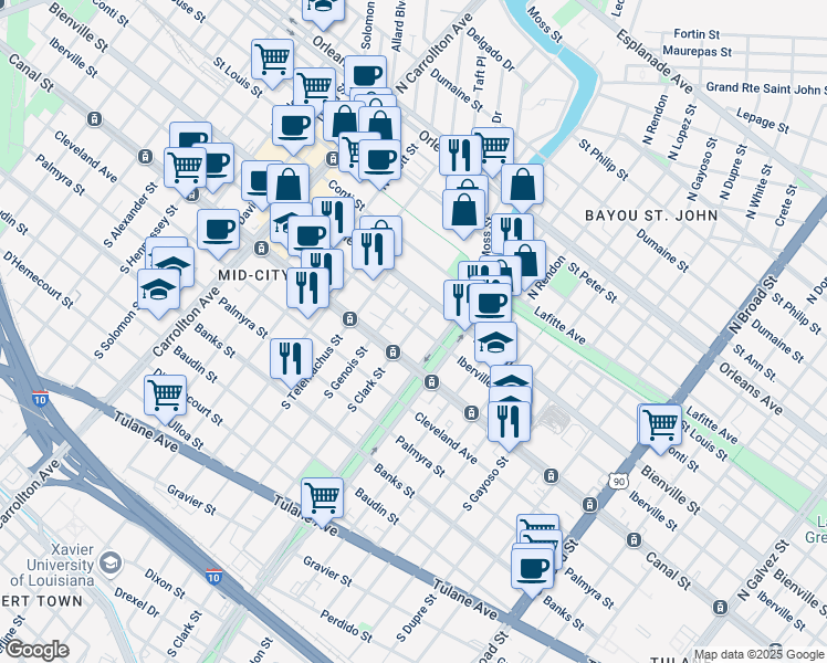 map of restaurants, bars, coffee shops, grocery stores, and more near 132 North Clark Street in New Orleans