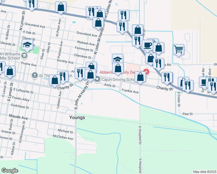 map of restaurants, bars, coffee shops, grocery stores, and more near 2200-2298 Anita Street in Abbeville