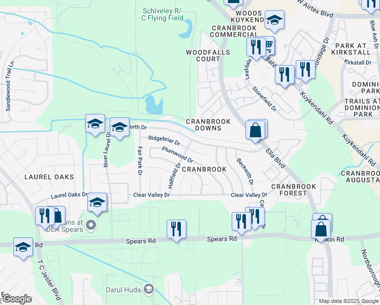 map of restaurants, bars, coffee shops, grocery stores, and more near 1531 Ridgebriar Drive in Houston