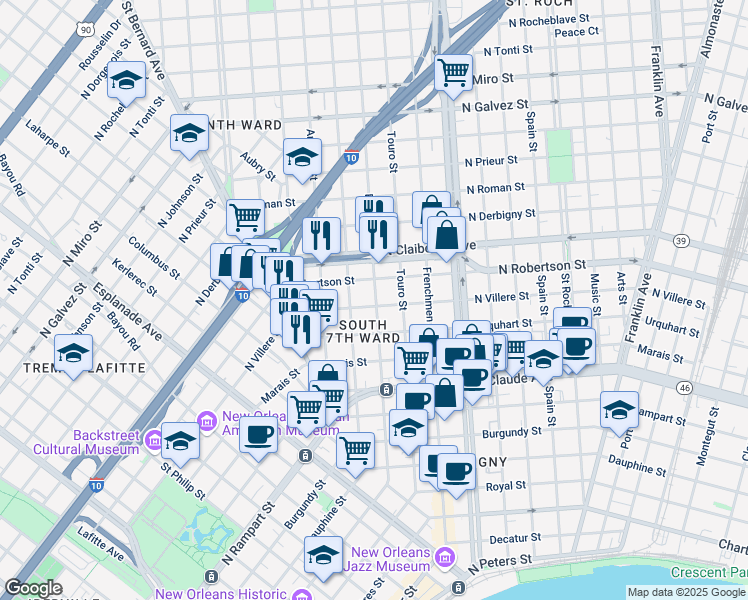 map of restaurants, bars, coffee shops, grocery stores, and more near 2104 Pauger Street in New Orleans