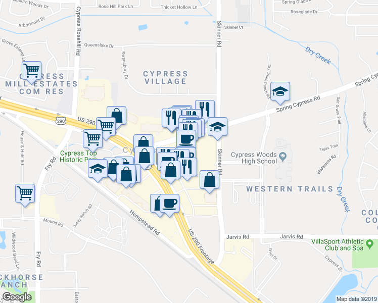 map of restaurants, bars, coffee shops, grocery stores, and more near 17445 Spring Cypress Road in Cypress