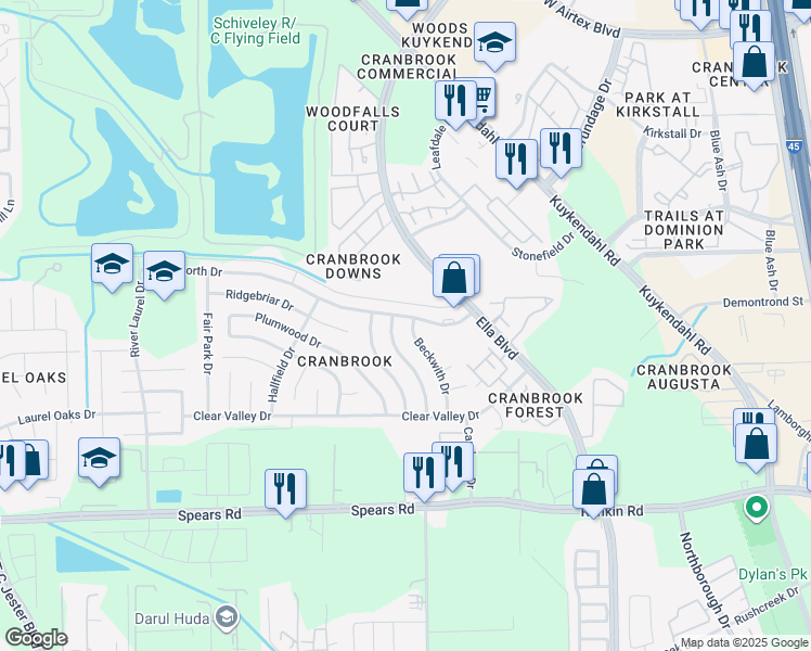 map of restaurants, bars, coffee shops, grocery stores, and more near 13951 Beckwith Drive in Houston