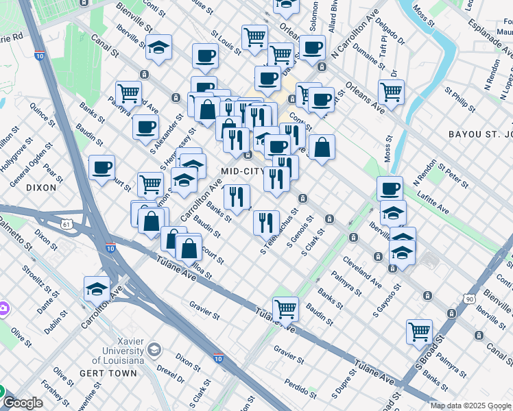 map of restaurants, bars, coffee shops, grocery stores, and more near 226 South Scott Street in New Orleans