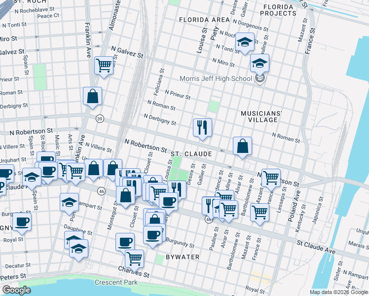map of restaurants, bars, coffee shops, grocery stores, and more near 1514 Piety Street in New Orleans