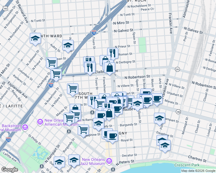 map of restaurants, bars, coffee shops, grocery stores, and more near 1400 Frenchmen Street in New Orleans