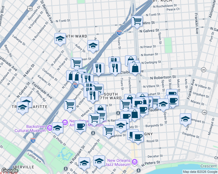 map of restaurants, bars, coffee shops, grocery stores, and more near 1813 North Villere Street in New Orleans
