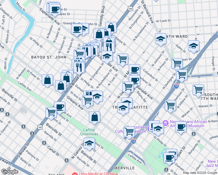 map of restaurants, bars, coffee shops, grocery stores, and more near 2339 Ursulines Avenue in New Orleans