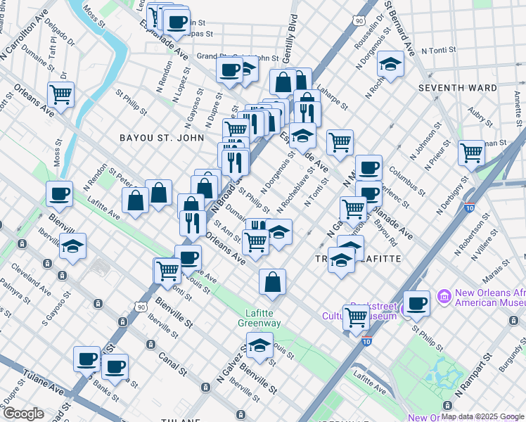 map of restaurants, bars, coffee shops, grocery stores, and more near in New Orleans