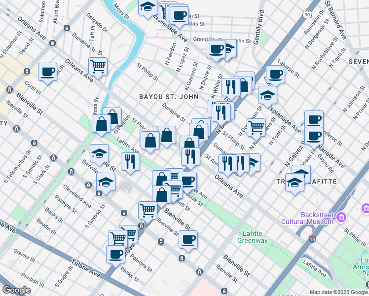 map of restaurants, bars, coffee shops, grocery stores, and more near 2751 Orleans Avenue in New Orleans