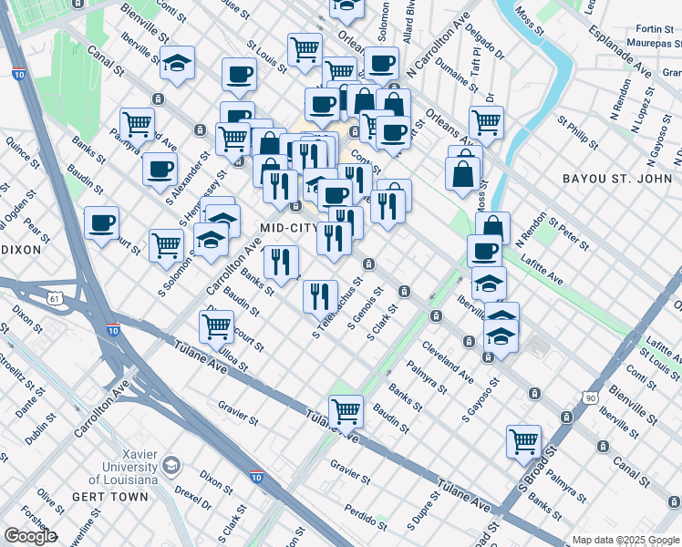 map of restaurants, bars, coffee shops, grocery stores, and more near 3720 Canal Street in New Orleans