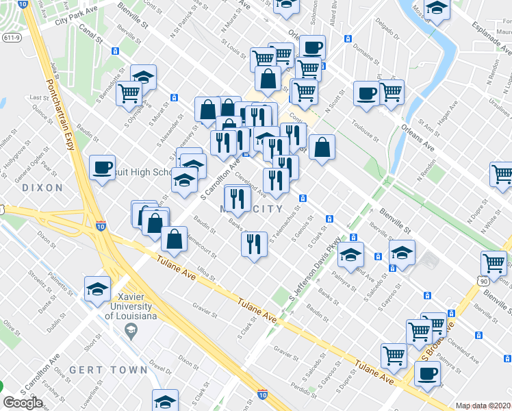 map of restaurants, bars, coffee shops, grocery stores, and more near in New Orleans
