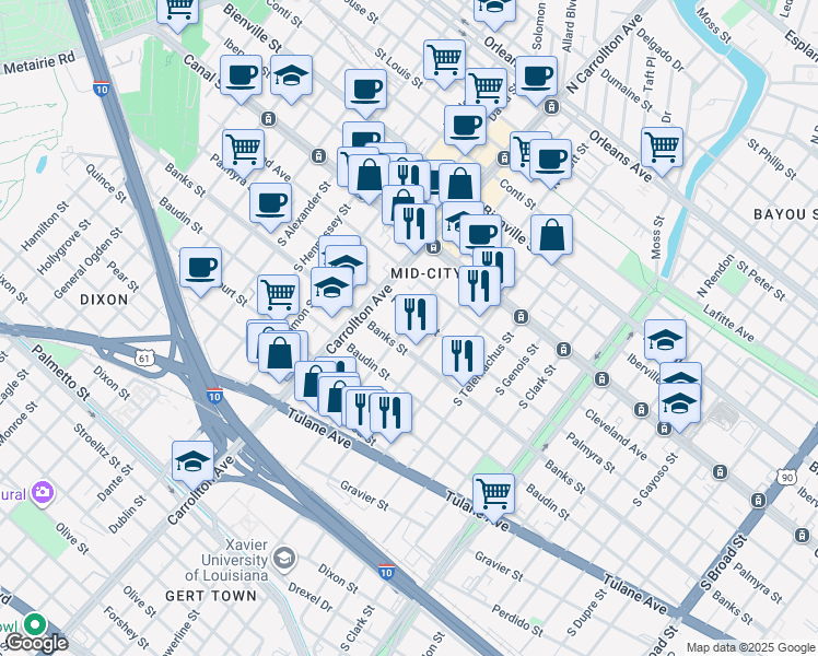map of restaurants, bars, coffee shops, grocery stores, and more near 4013 Banks Street in New Orleans