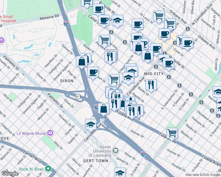 map of restaurants, bars, coffee shops, grocery stores, and more near 4210 D Hemecourt Street in New Orleans
